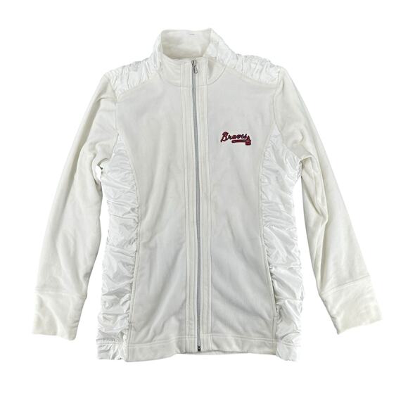 Cutter & Buck White Fleece Ruched Satin Sides Braves Zip Sweatshirt Jacket XL - Picture 1 of 7